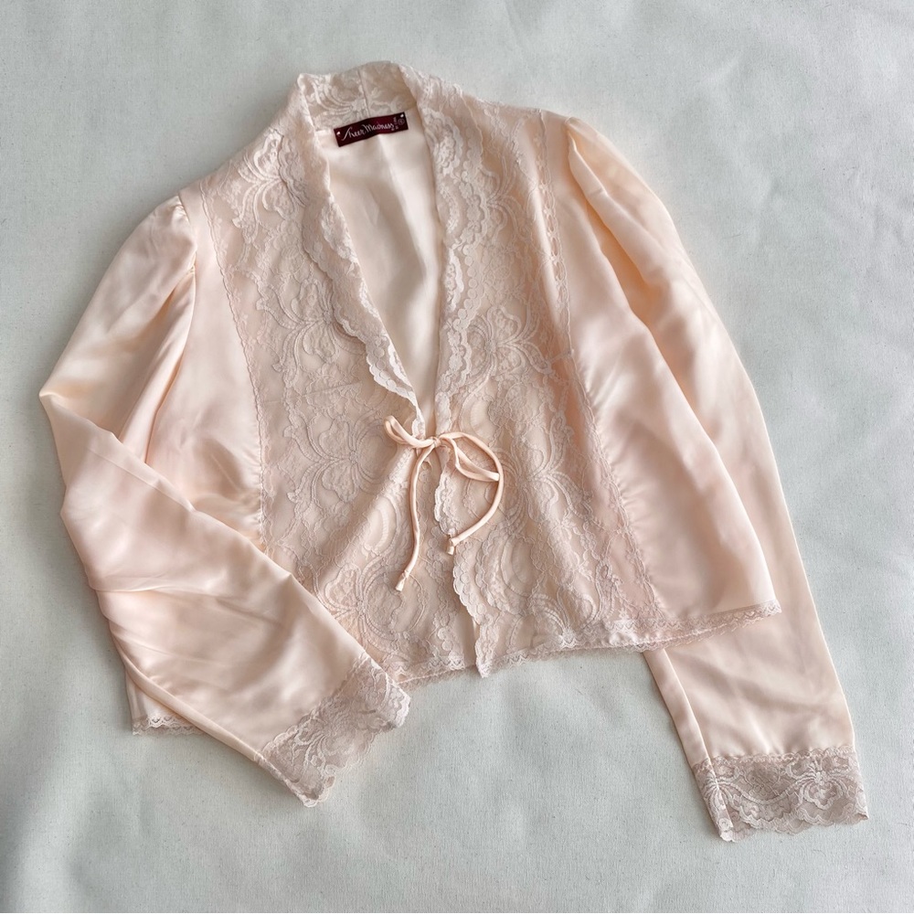 Vintage 70s Sheer Madness Cira Peach Pink Satin Lace Long Sleeve Bed Coat Rayon